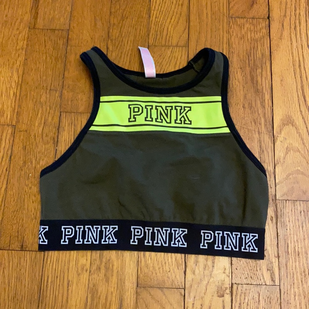PINK Victoria's Secret Olive Green & Neon Yellow Crop Tank